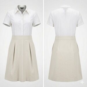 Theory Womens Dress Size 10 White Tan Two Tone Button Down Shirtdress OldMoney